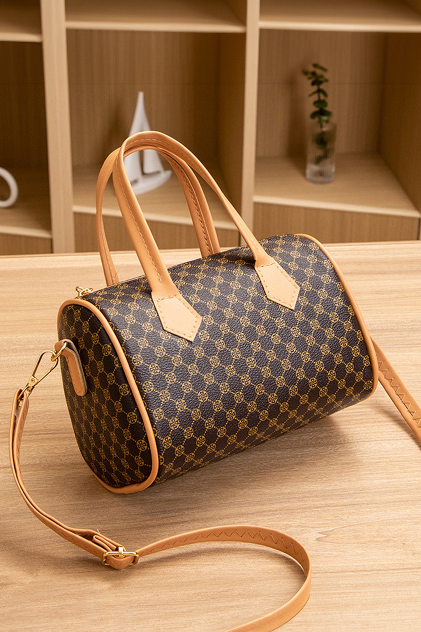 Coffee Retro Geometric Print Portable Shoulder Strap PU Leather Bag