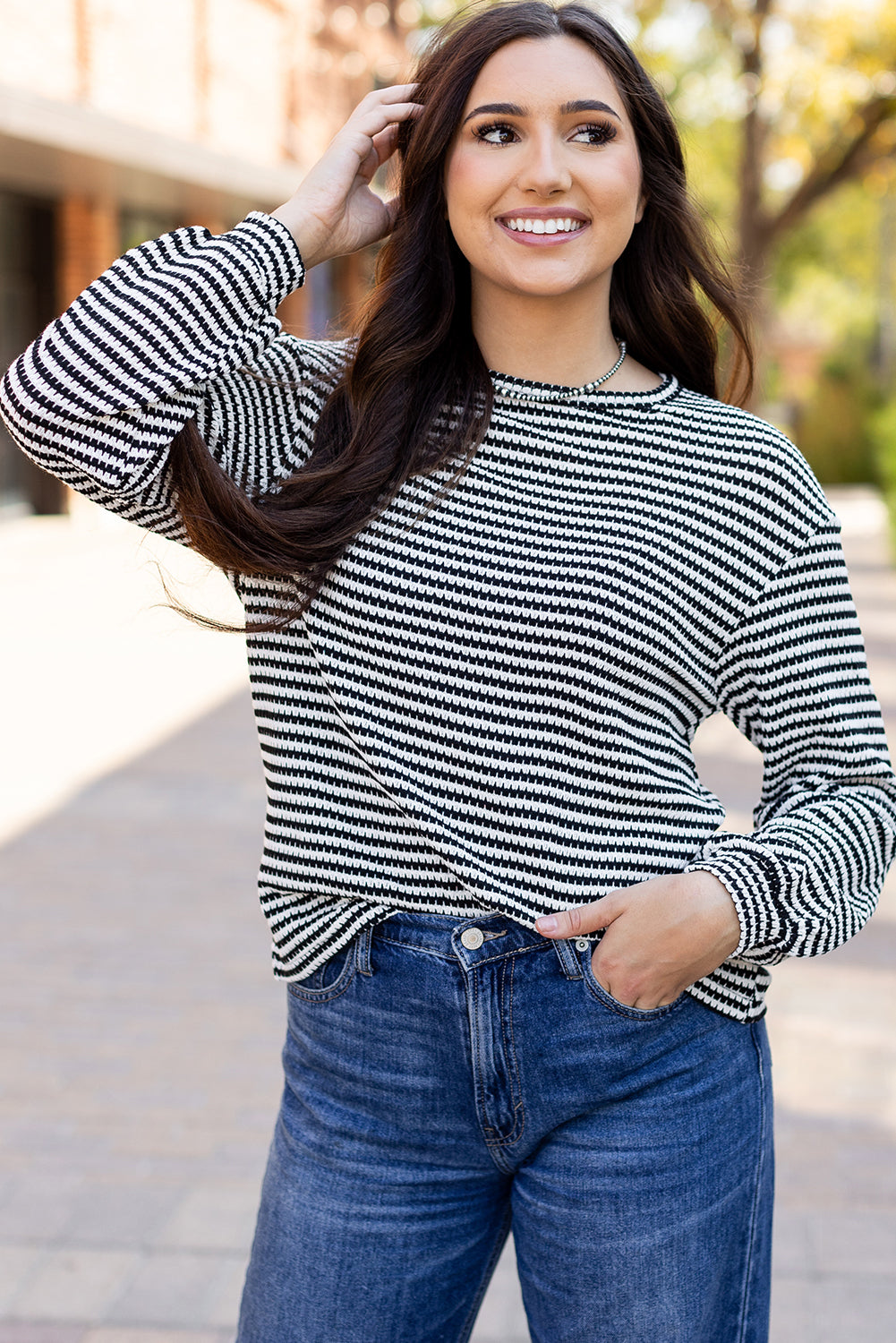 Khaki Stripe Round Neck Drop Shoulder Long Sleeve Top