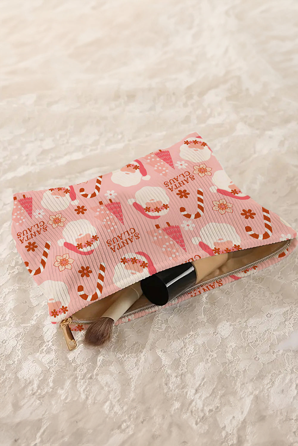 Fiery Red Christmas Fashion Print Corduroy Zip Up Cosmetic Bag