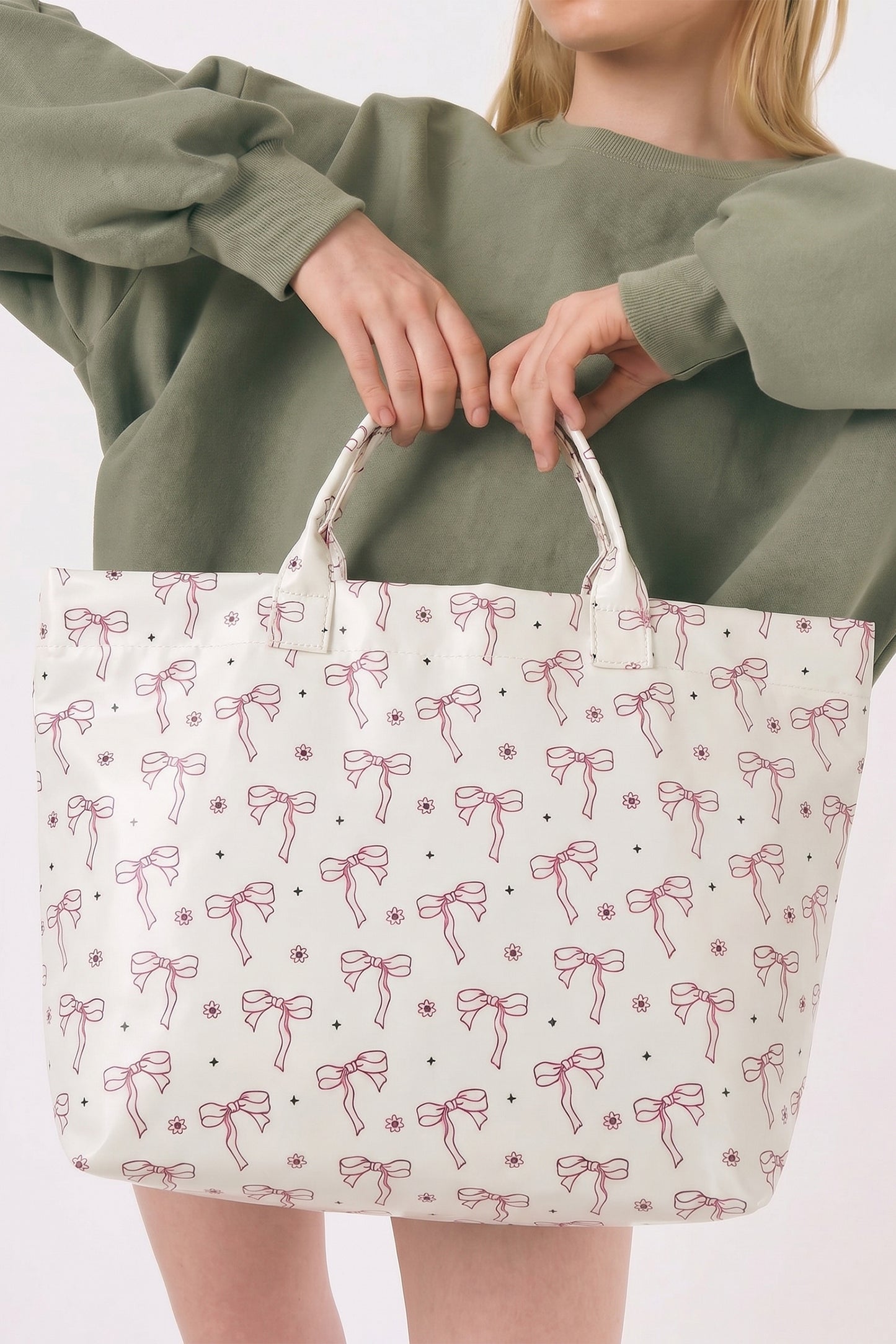 White Sweet Bow Flower Printed Sleek Vilnyl Tote Bag
