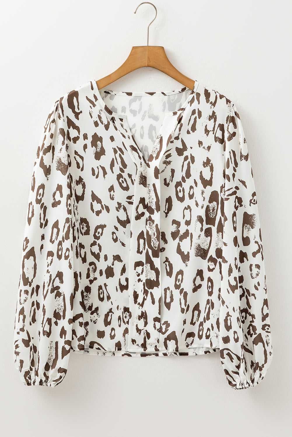 Khaki Leopard Print Split Neck Balloon Sleeve Blouse