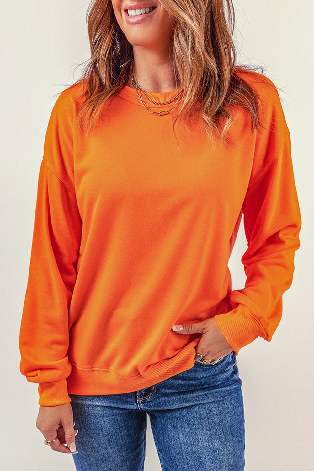 Red Plain Crew Neck Pullover Sweatshirt