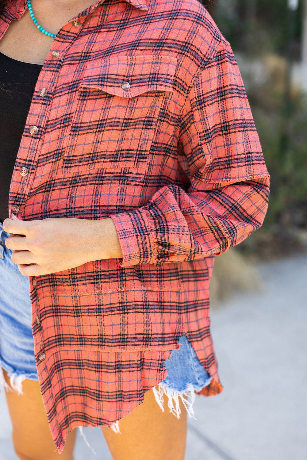 Red Plaid Long Sleeeve Side Split Distressed Hem Shirt