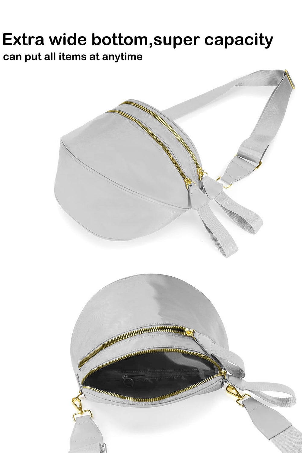 Color black Double Zip Crescent Shape Adjustable Sling Bag