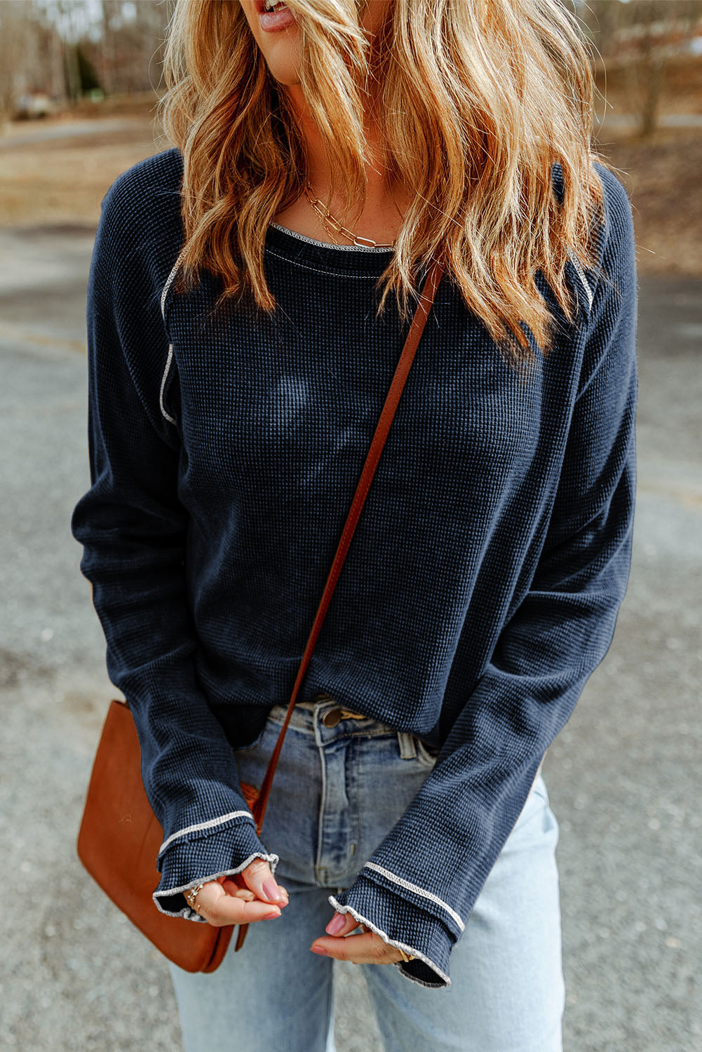 Brown Textured Round Neck Long Sleeve Top