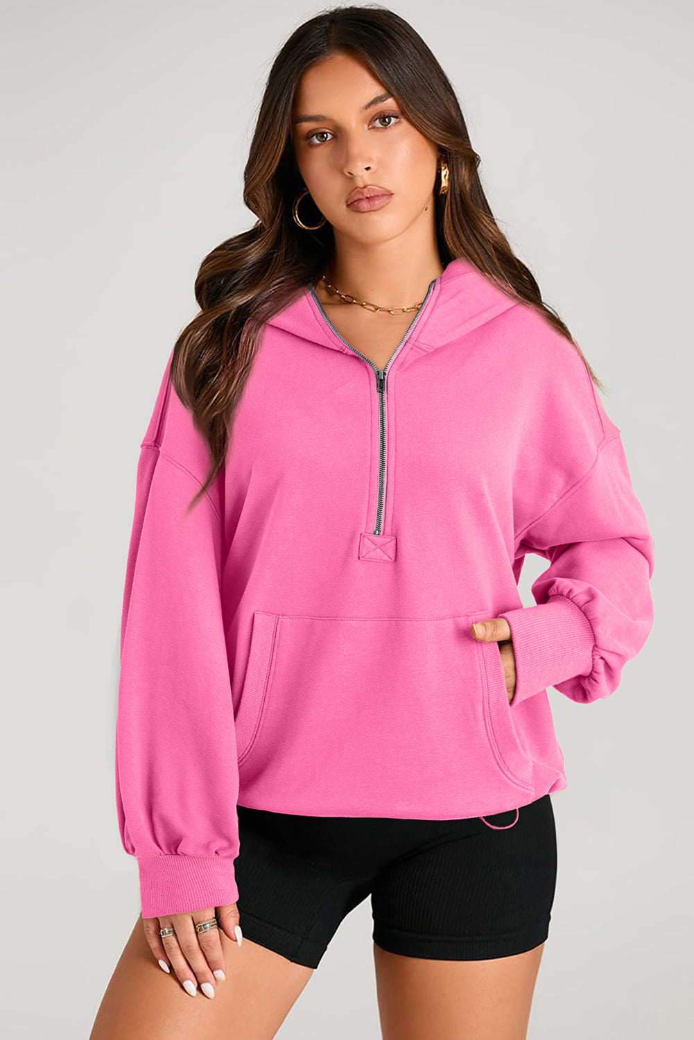 Valerian Solid Kangaroo Pocket Half Zipper Oversized Hoodie