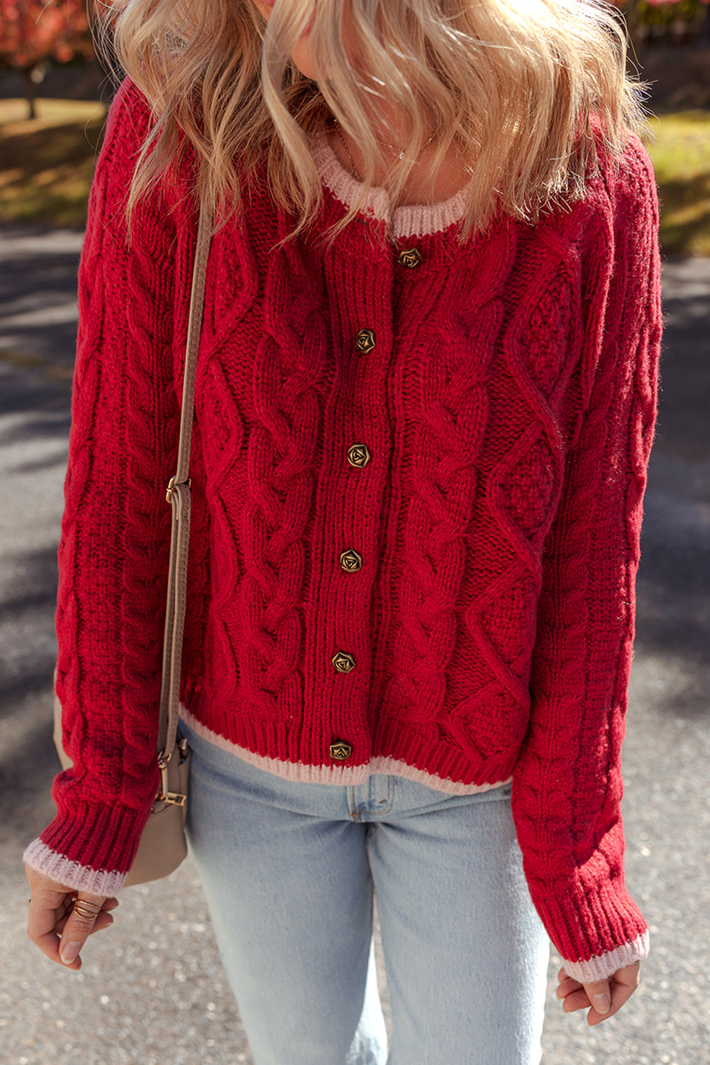 Racing Red Color Contrast Edge Cable Knit Buttoned Cardigan