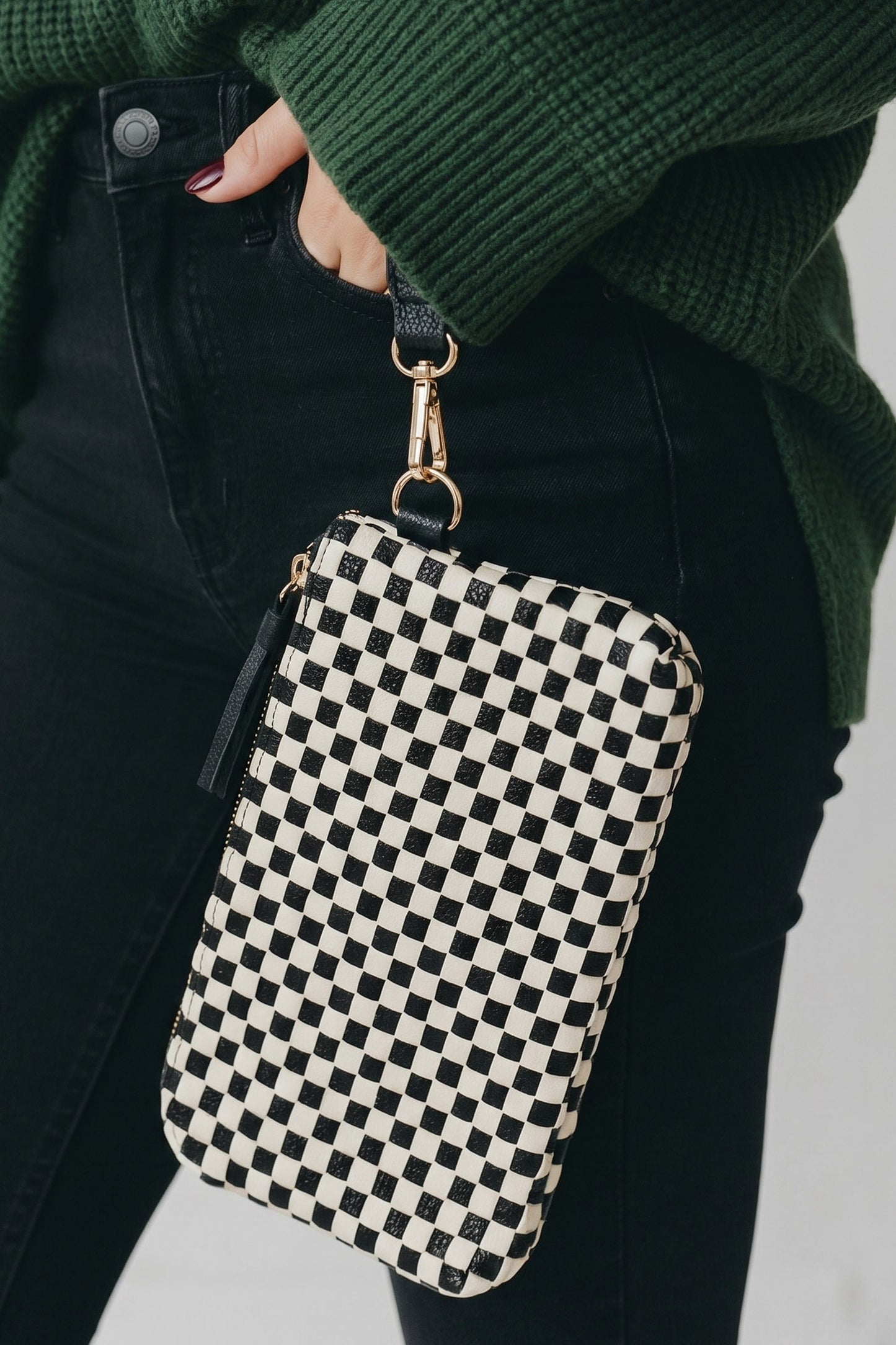 Chestnut Checkered  Woven Clutch Wristlet PU Leather Large Size Patterned Wallet