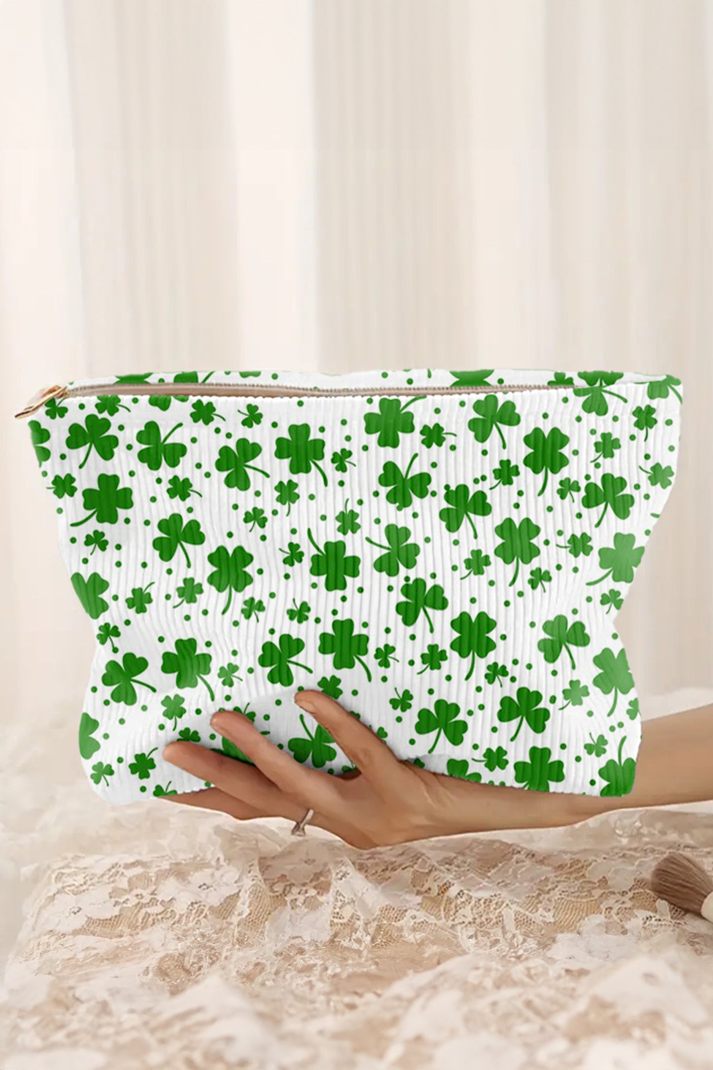 Blackish Green St Patricks Lucky Clover Printed Soft Ribbed Makeup Bag