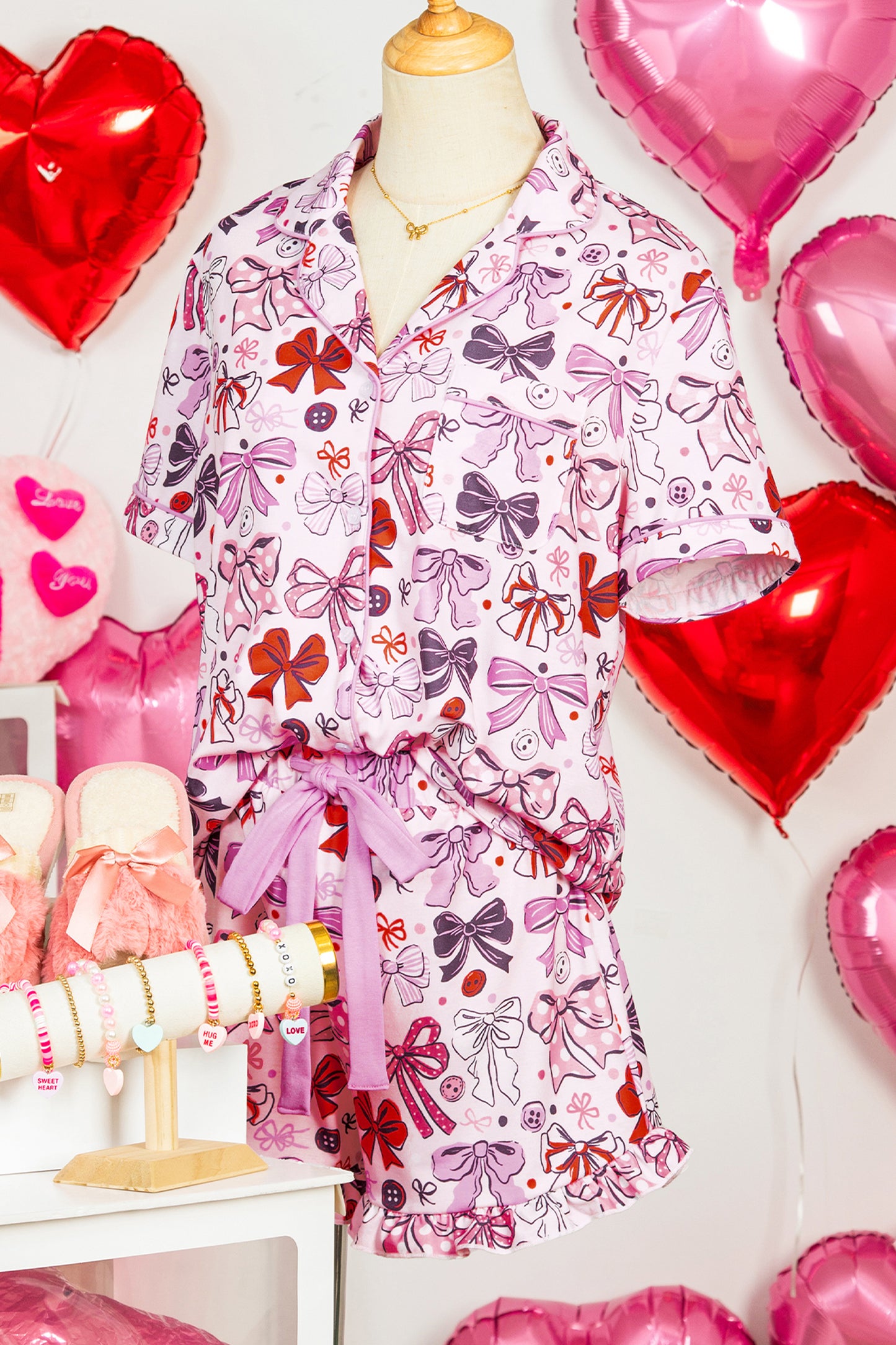 Pink Cute Ribbon Bows Printed 2pcs Short Pajama Set