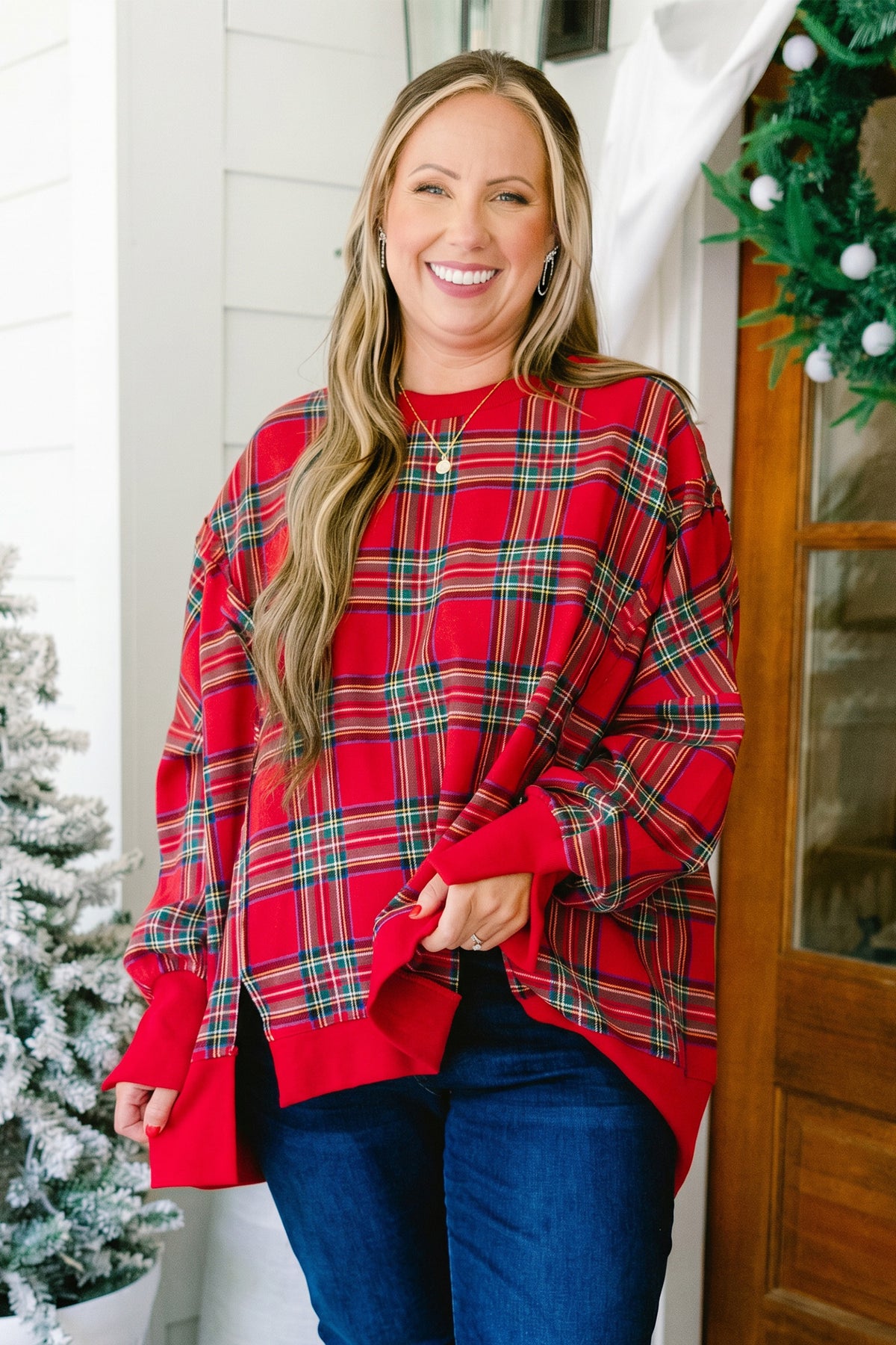 Red Plus Size Festive Plaid Long Sleeve Split Tunic Sweatshirt
