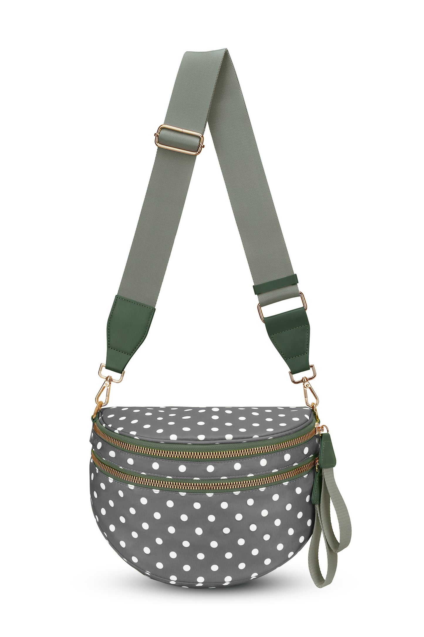 Blackish Green Retro Polka Dot Print Double Zip Crossbody Bag