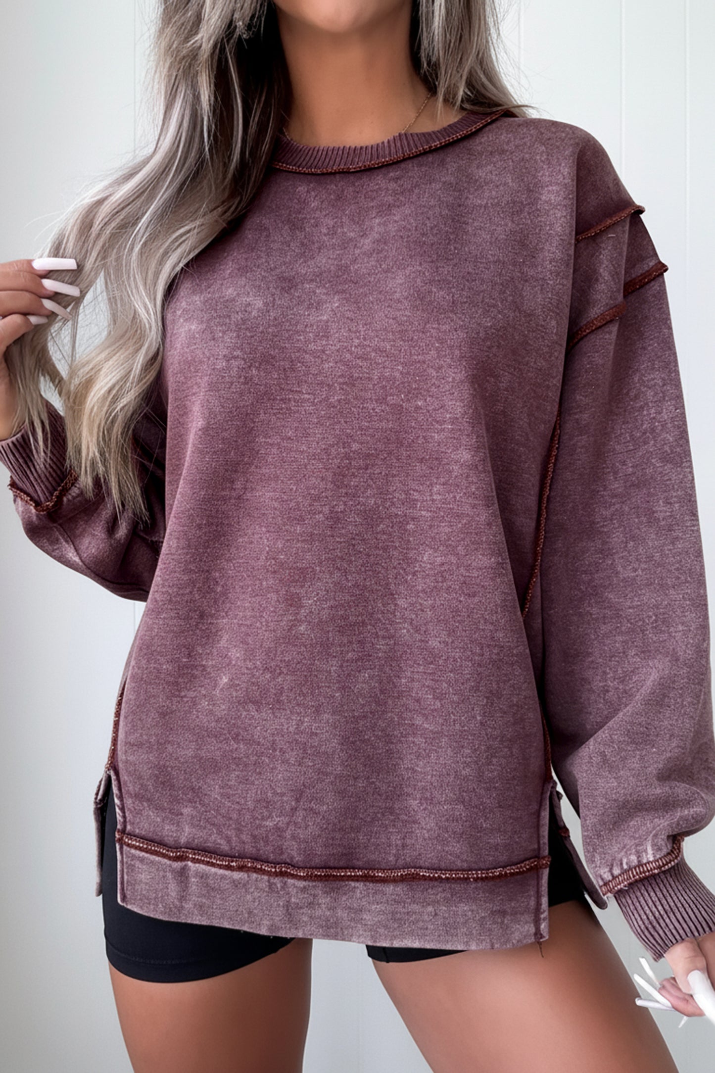 Rose Red Mineral Wash Exposed Seam Side Slit Sweatshirt