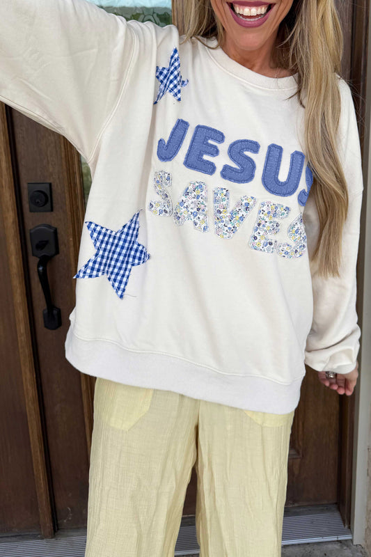 White Patchwork Stars Plaid Unique Floral Letters Baggy Sweatshirt