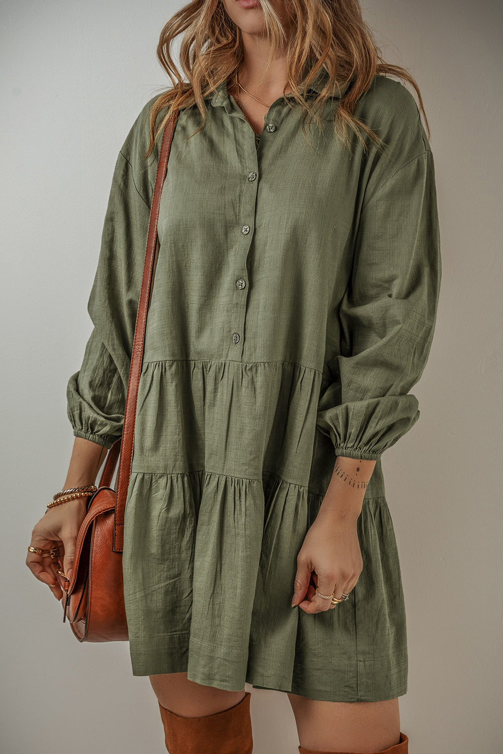 Jungle Green Puff Sleeve Buttoned Tiered Pleated Shirt Mini Dress