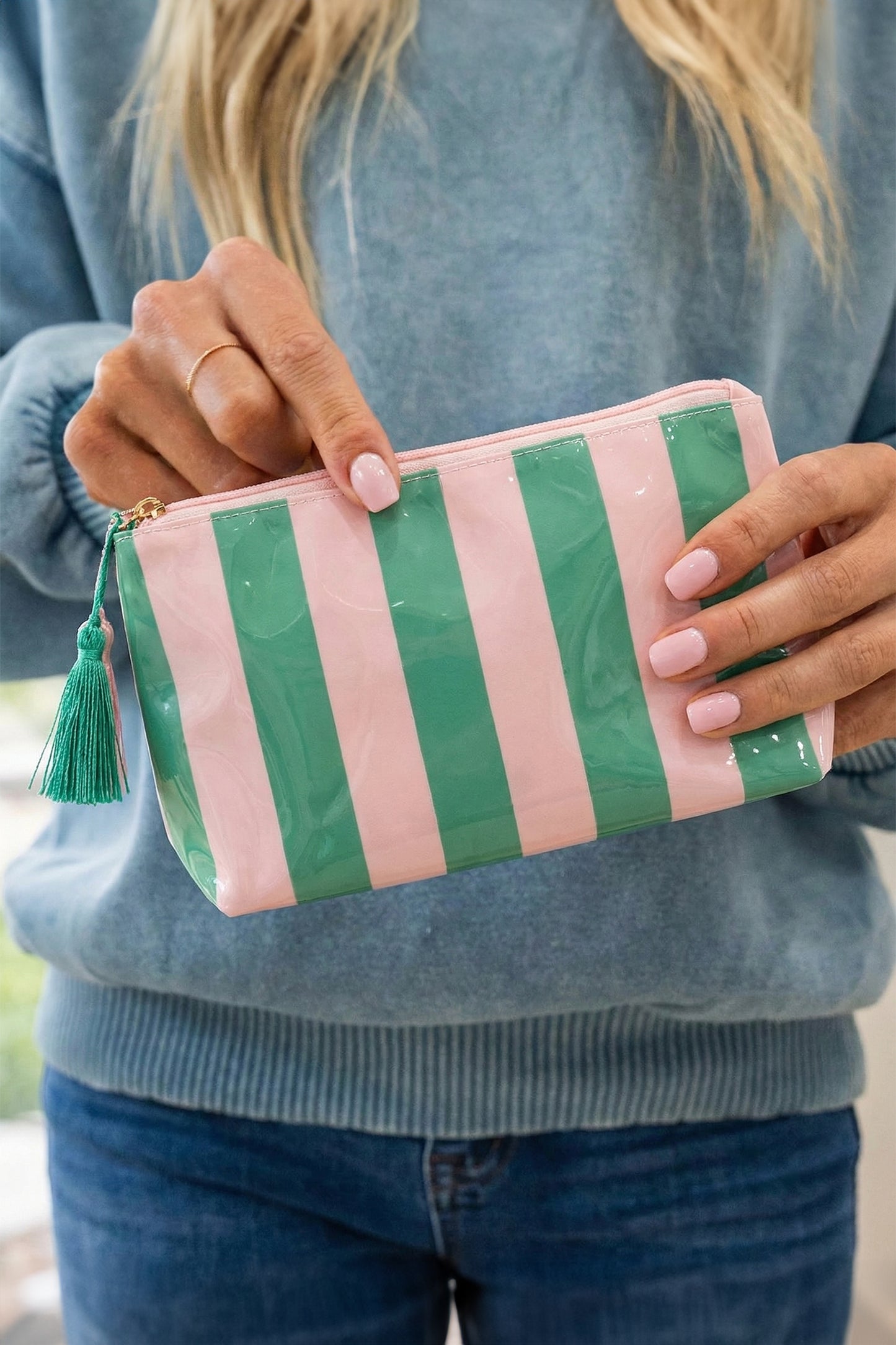Red Checkered Vinyl Waterproof Tassel Zipper Makeup Bag