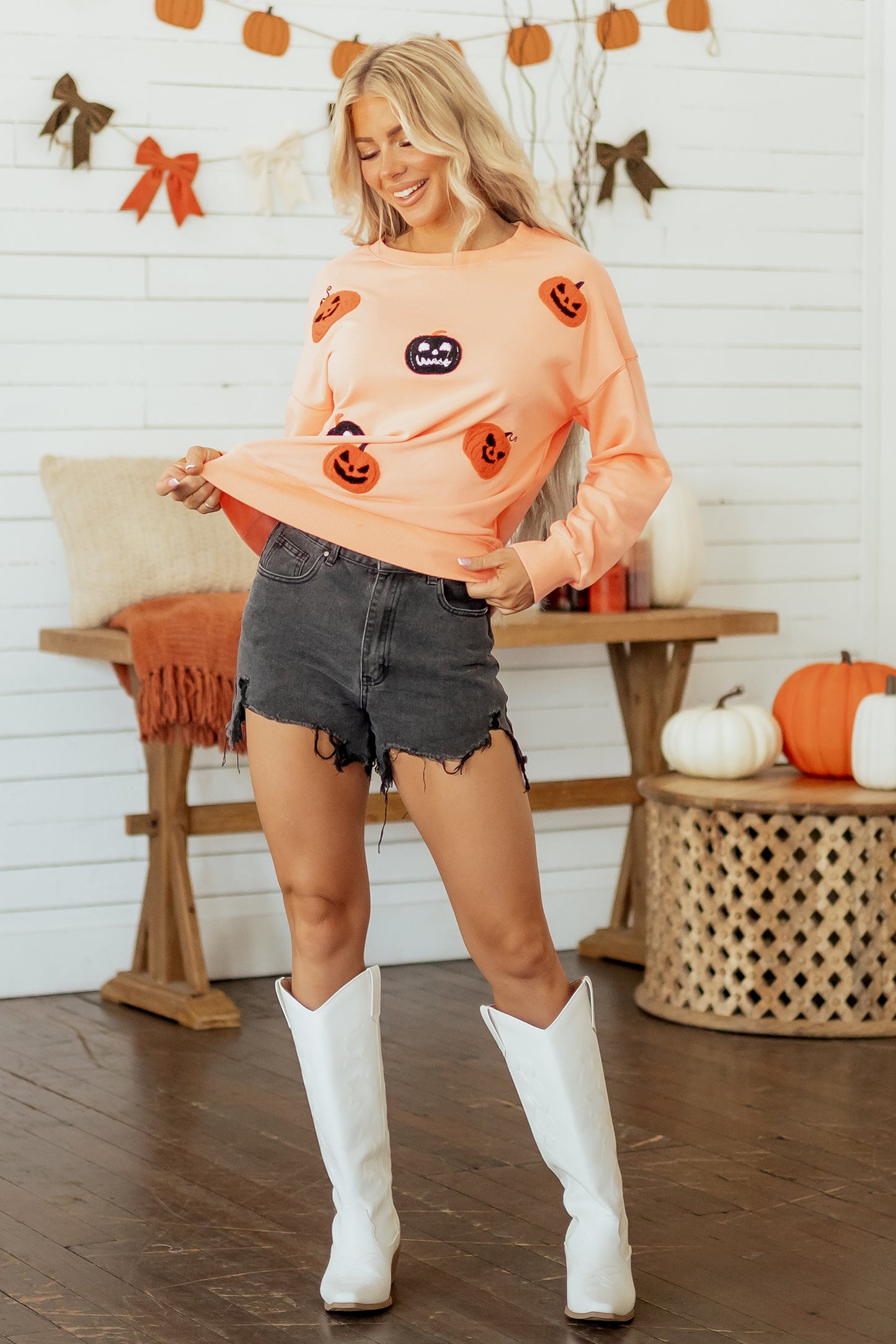 Orange Embroidered Pumpkin Face Drop Shoulder Sweatshirt