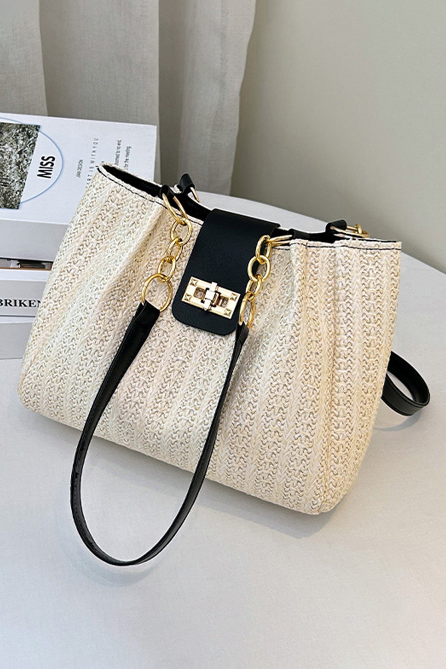 Black PU Leather Chain Handle Woven Textured Knit Tote Bag