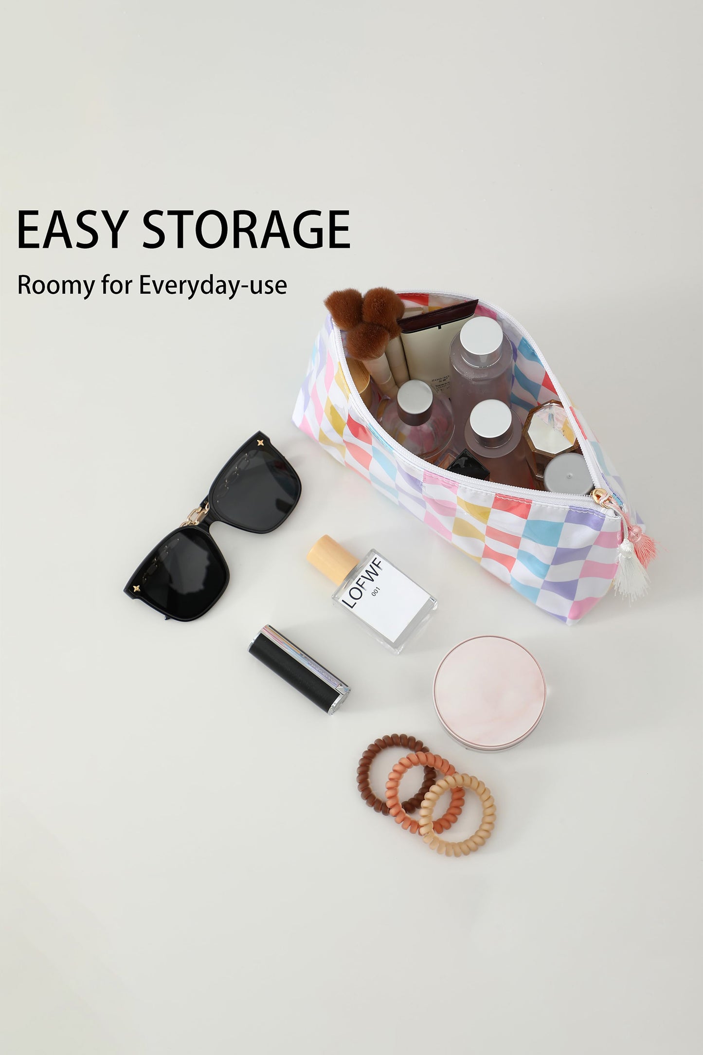 Red Checkered Vinyl Waterproof Tassel Zipper Makeup Bag