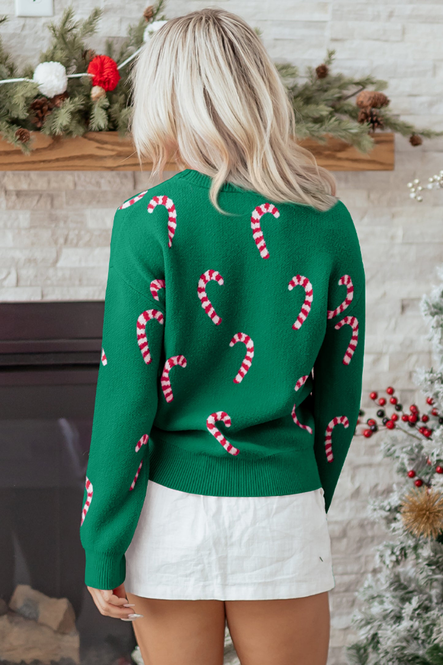 Dark Green Christmas Candy Cane Holiday Drop Shoulder Sweater