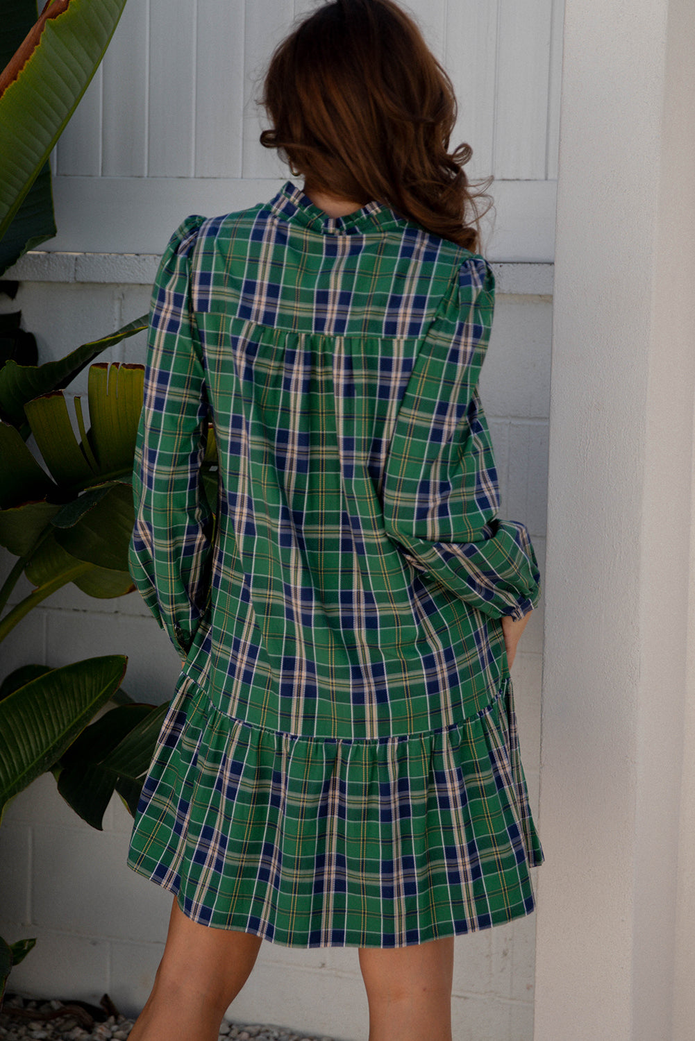 Red Plaid Print Frilly Collar Long Sleeve Shift Mini Dress