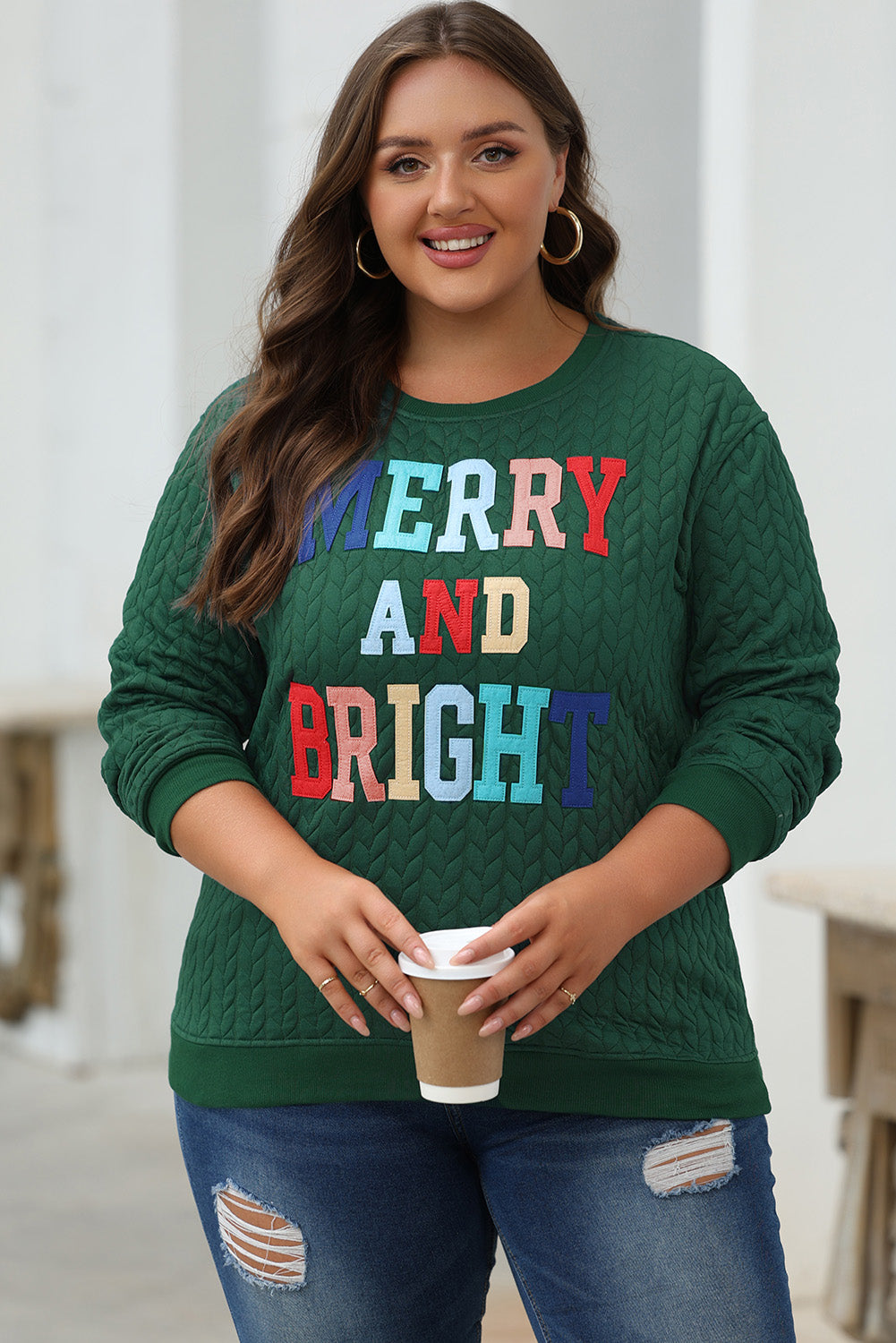 White Merry And Bright Cable Knit Pullover Sweatshirt