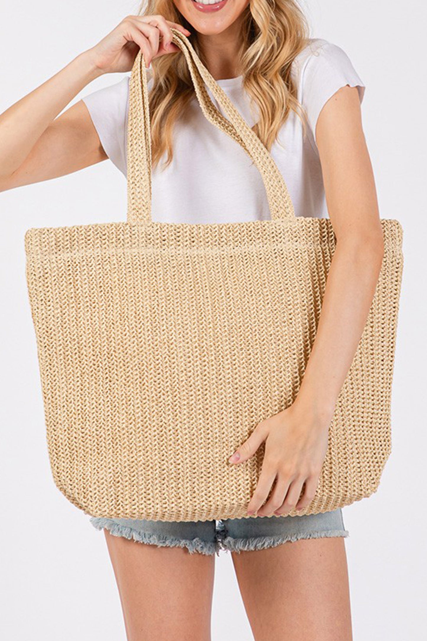 Camel Solid Color Straw Woven Summer Beach Tote Bag