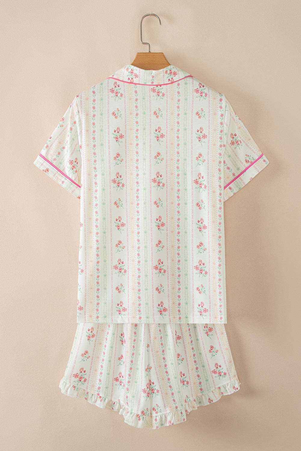 Pink Bow Print Contrast Pipping Short Pajamas Set