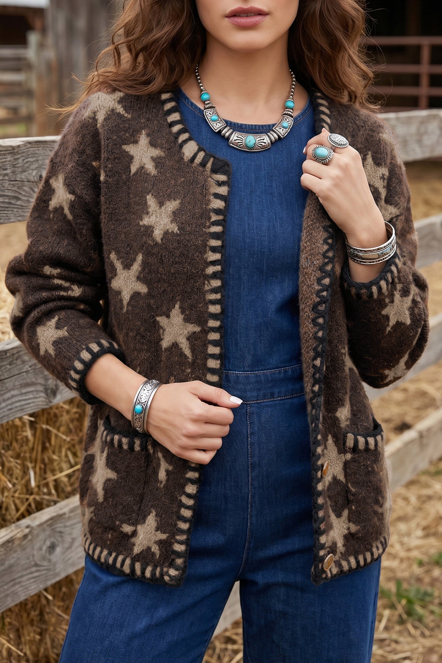 Brown Stars Pattern Colorblock Long Sleeve Shift Cardigan