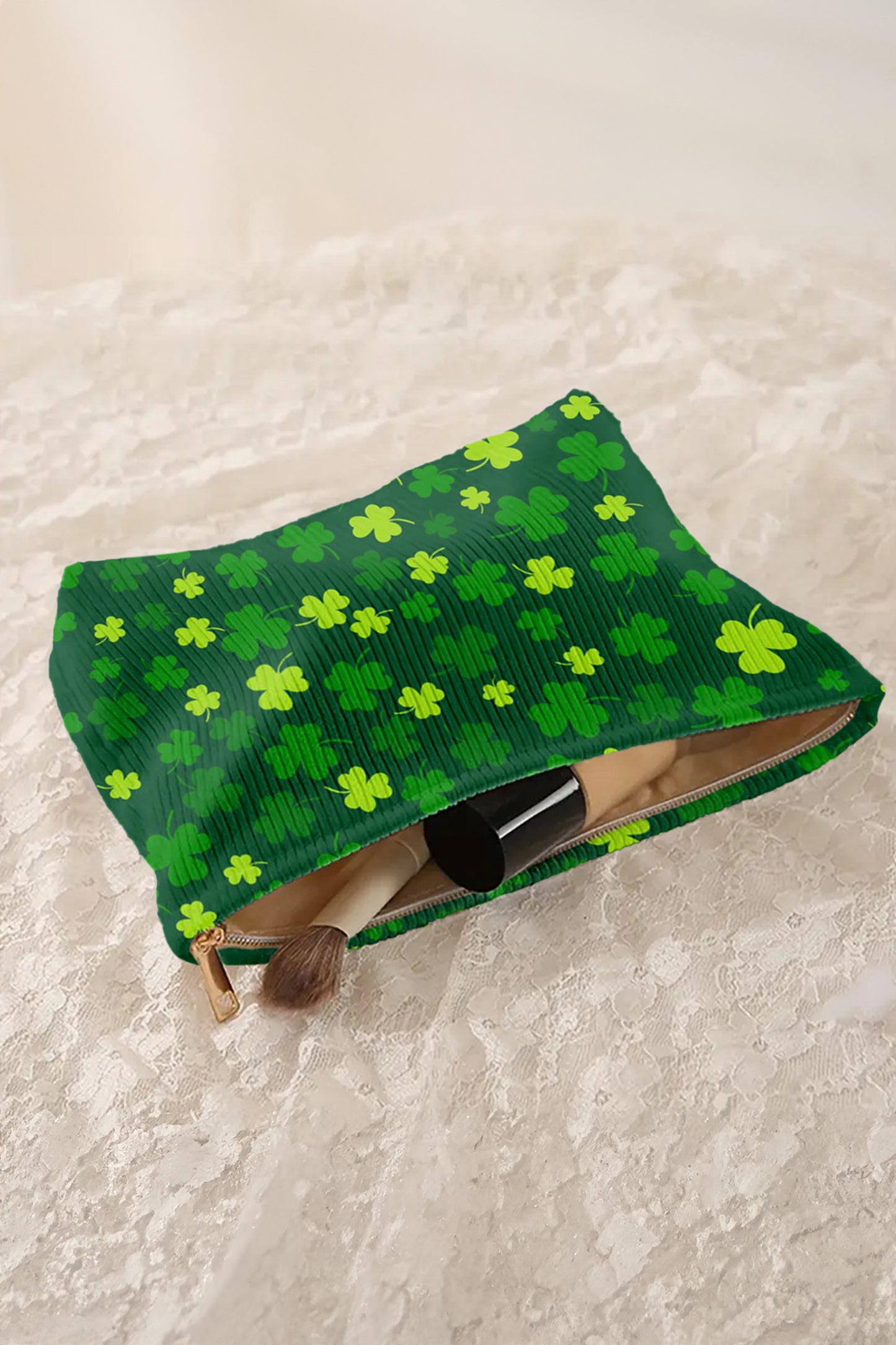 Blackish Green St Patricks Lucky Clover Printed Soft Ribbed Makeup Bag