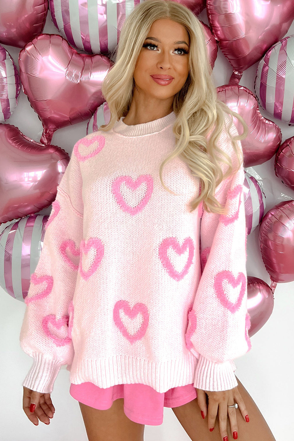 Pink Heart Shape Bubble Sleeve Baggy Sweater