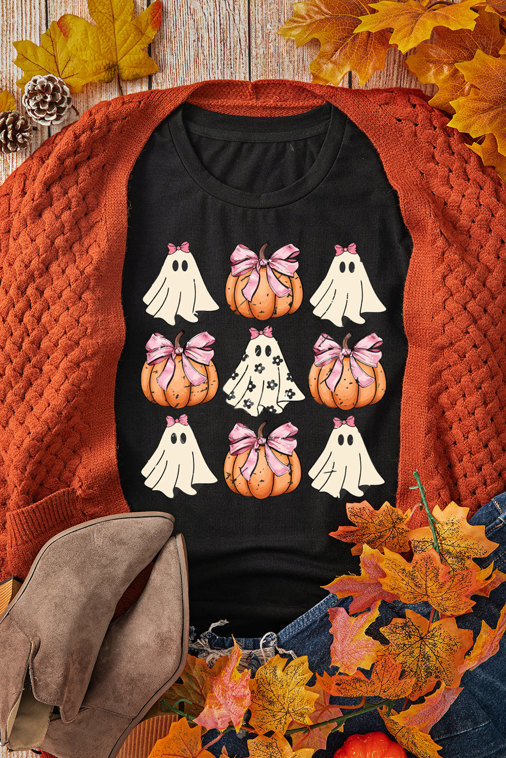 Black Bowknot Ghost Pumpkin Graphic Halloween T Shirt