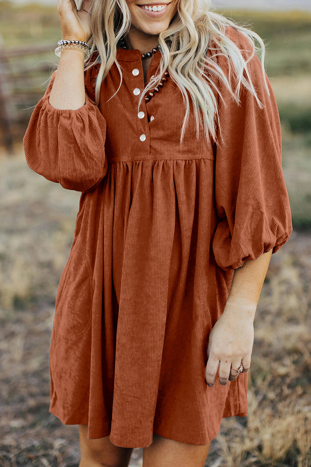 Blue Corduroy Snap Buttons Empire Waist Bracelet Sleeve Dress