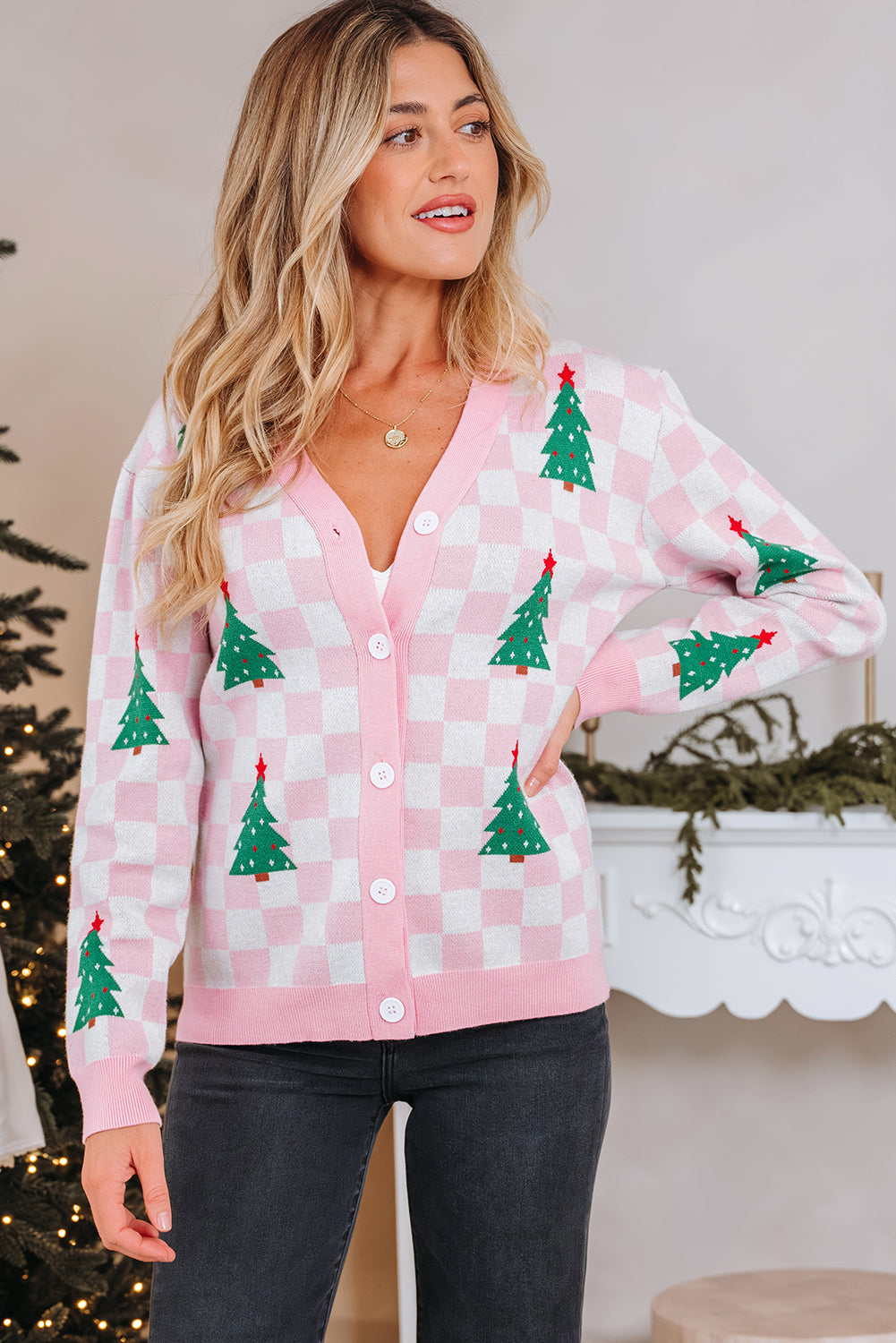 Red Checkered Christmas Tree Pattern Button V Neck Cardigan Sweater