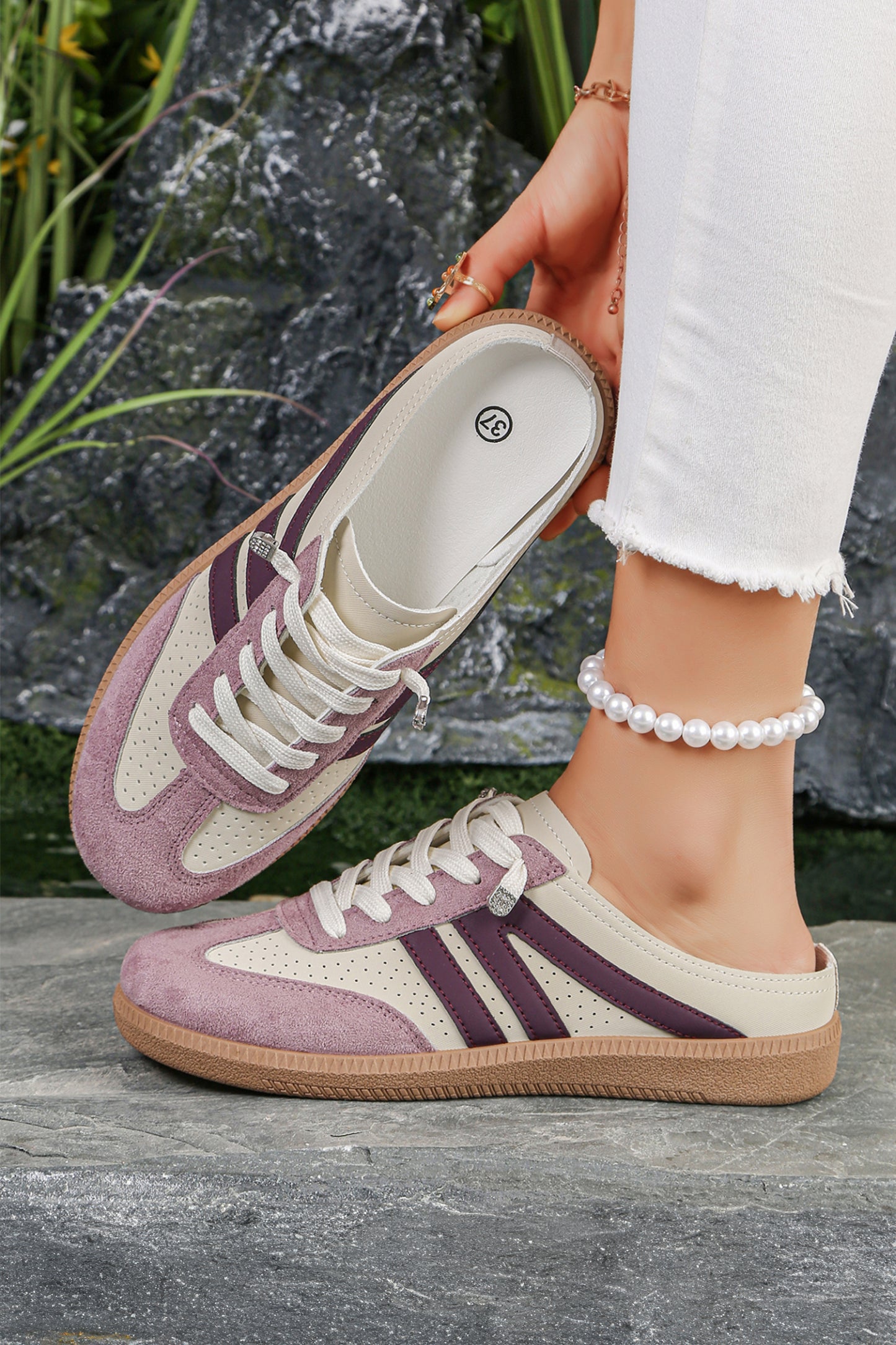 Pink Eyelet PU Leather Patchwork Color Pop Sneakers