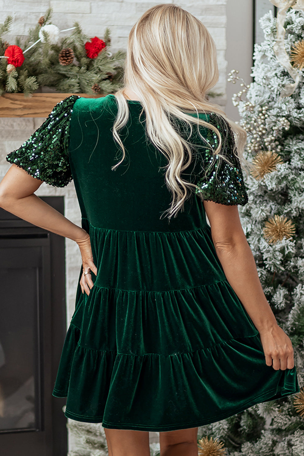 Evergreen Sequin Puff Sleeve High Waist Tiered Velvet Mini Dress