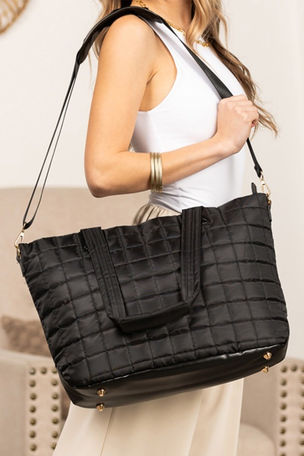 White Quilted Patchwork Large Tote Bag and Clutch 2pcs Set