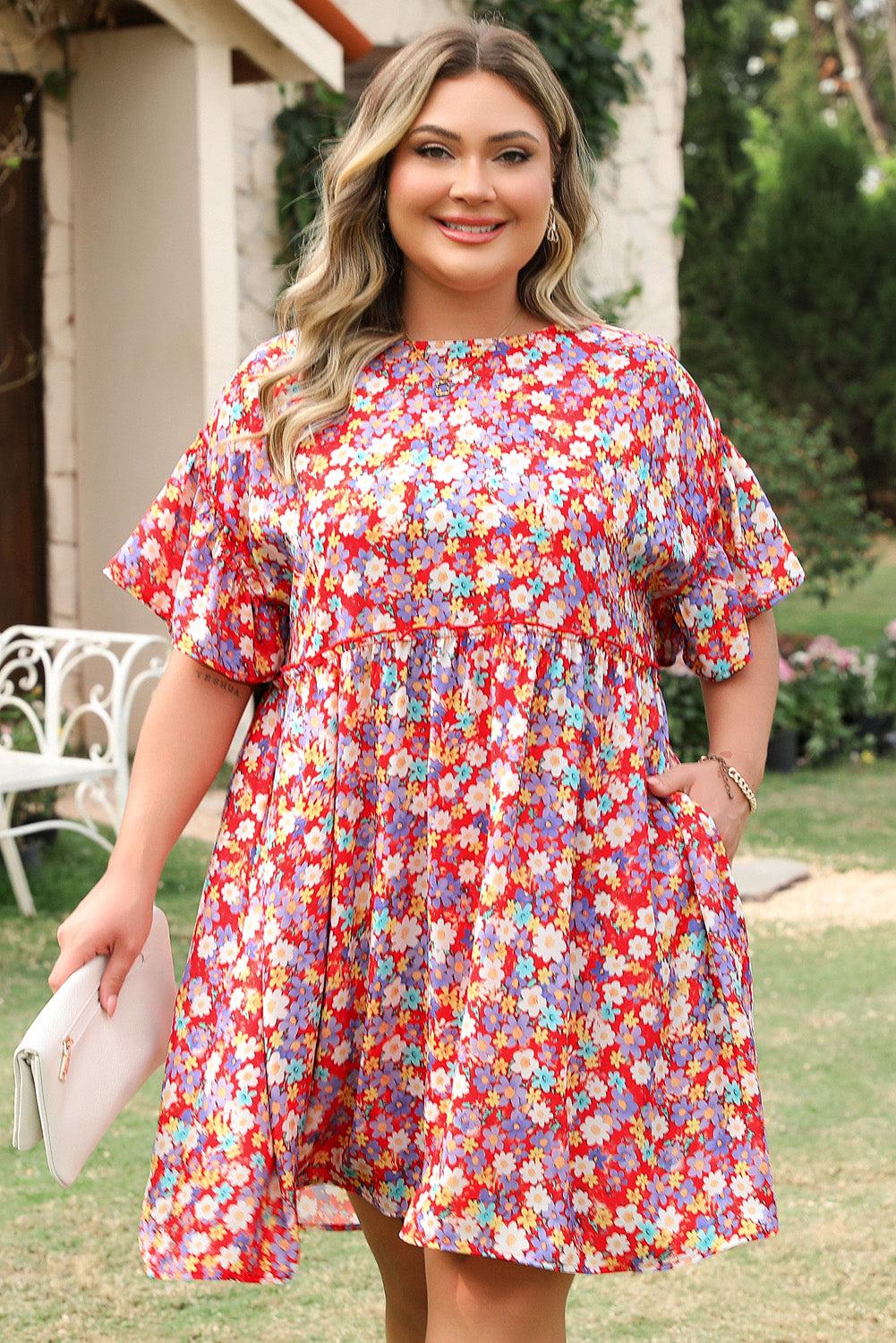 Red Dainty Flower Printed Plus Size Short Sleeve Shift Dress