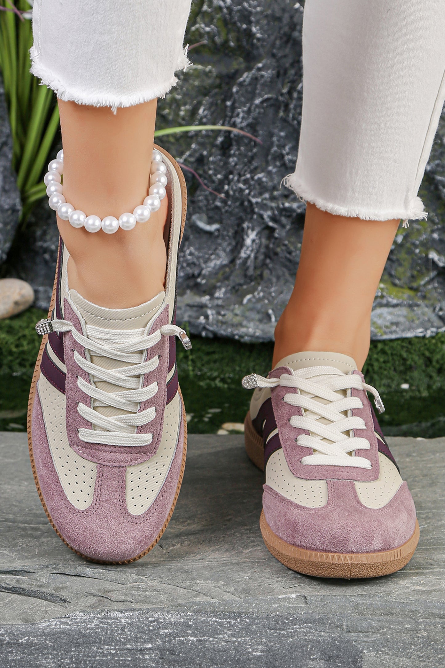 Pink Eyelet PU Leather Patchwork Color Pop Sneakers