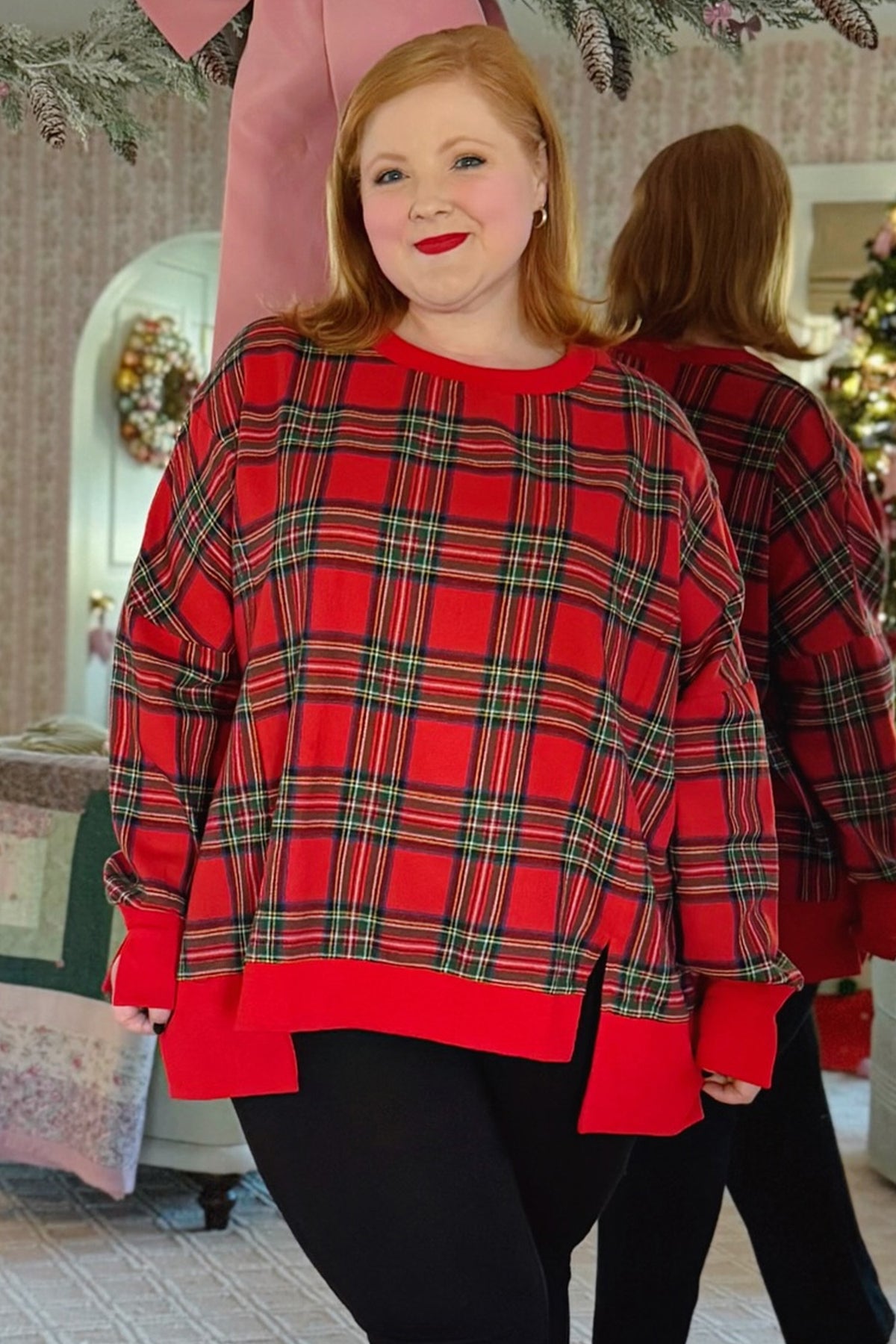 Red Plus Size Festive Plaid Long Sleeve Split Tunic Sweatshirt