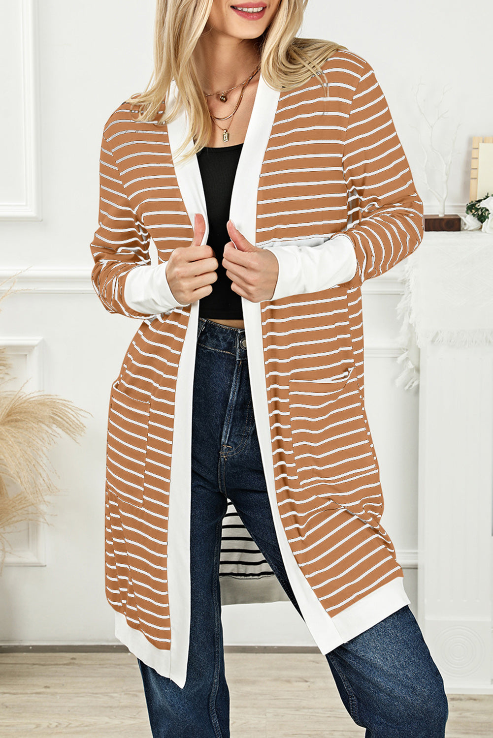 White Striped Side Pockets Open Front Cardigan