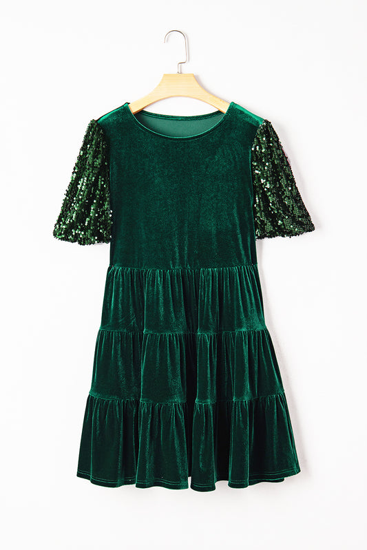 Evergreen Sequin Puff Sleeve High Waist Tiered Velvet Mini Dress
