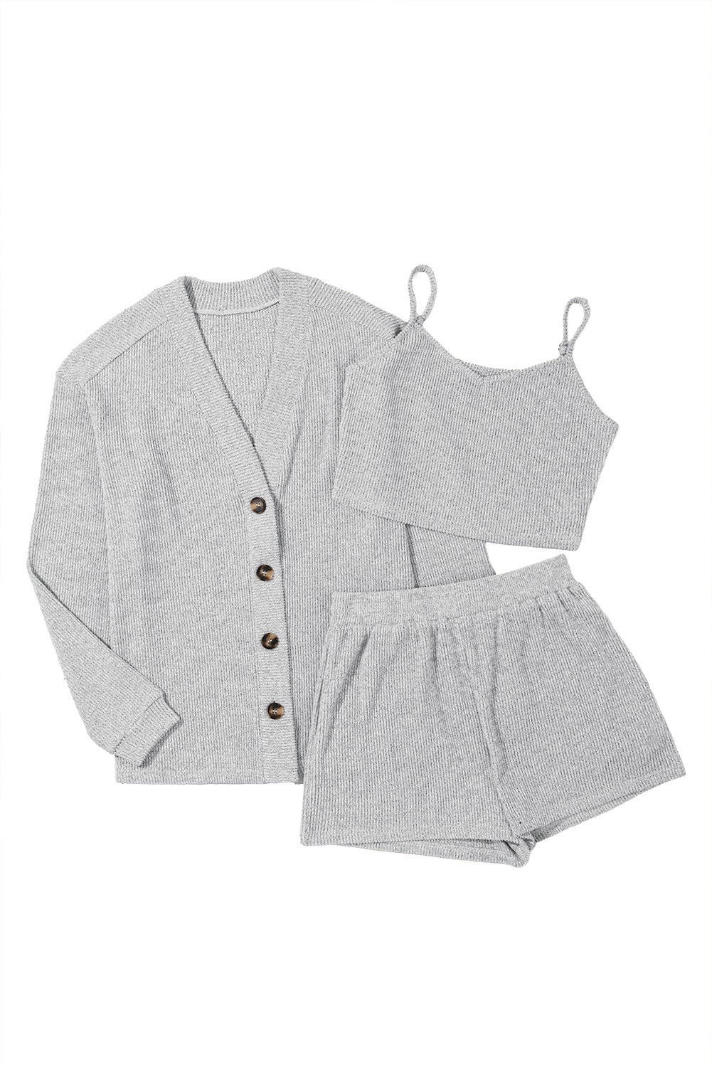 Light Grey 3 Pieces Rib Crop Camisole Matching Shorts Lounge Set with Cardigan