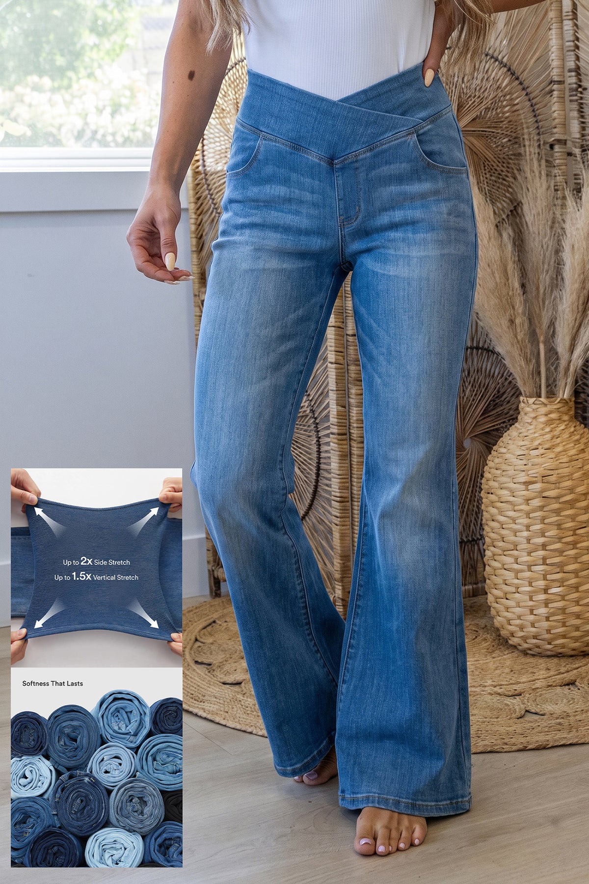 Dusk Blue Crossed Waist Western Flared Full-length Jeans