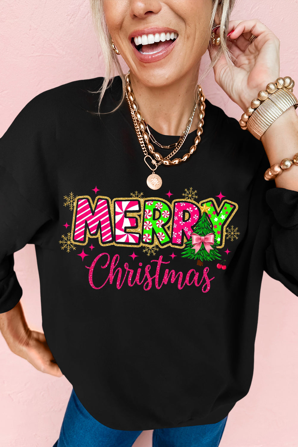 Black MERRY Christmas Playful Letter Print Drop Shoulder Sweatshirt