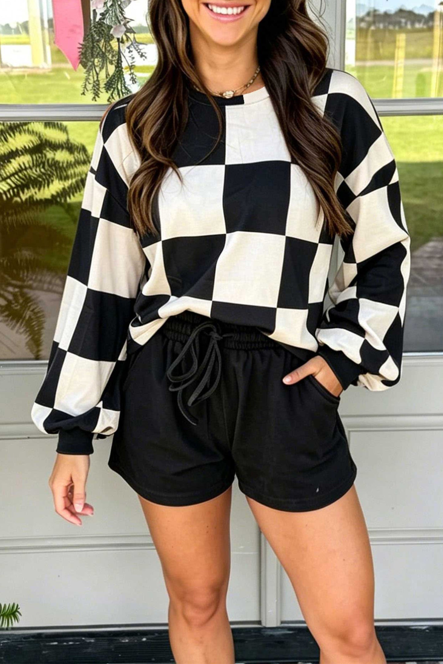 Red Checkerboard Plaid Long Sleeve Solid Color Shorts 2pcs Set