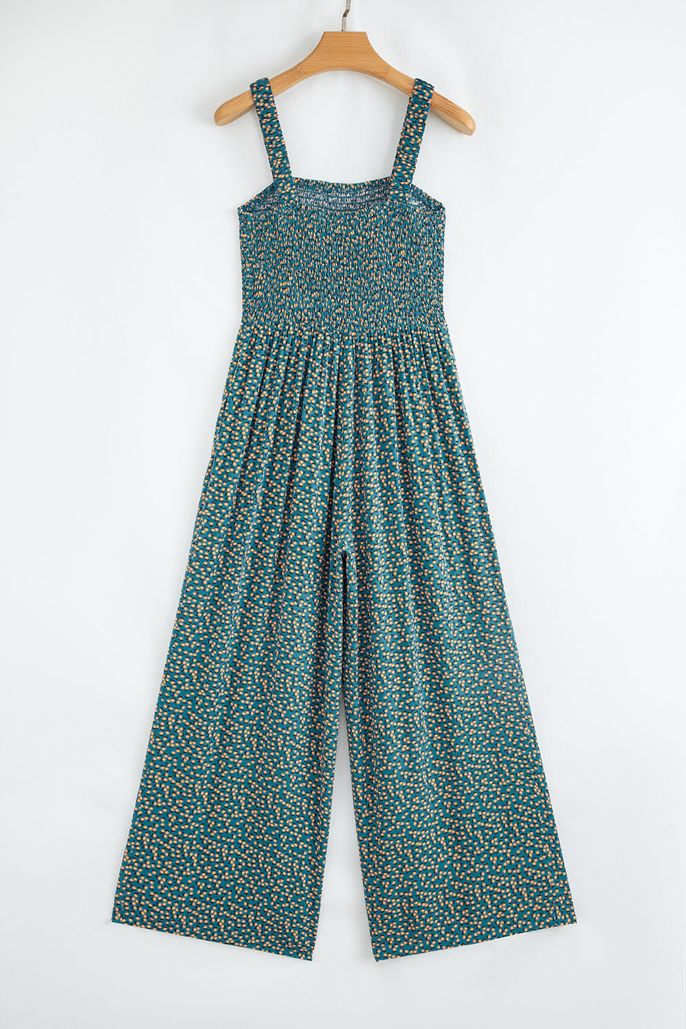Green Floral Print Smocked High Waist Square Neck Jumpsuit