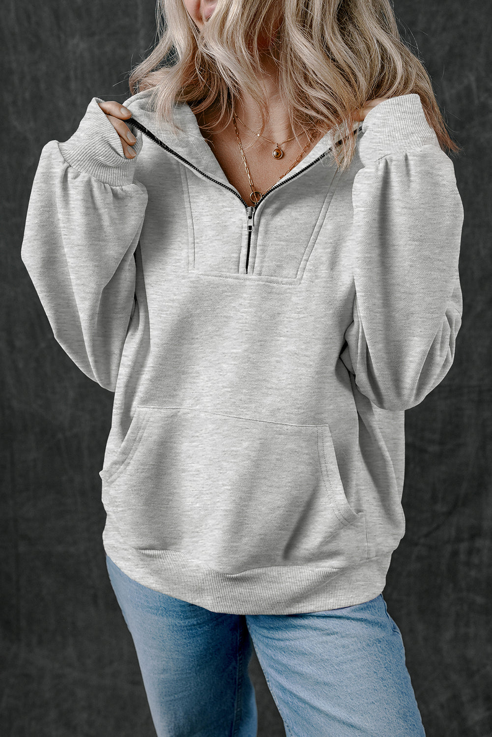 Bonbon Zip-up Stand Neck Kangaroo Pocket Sweatshirt