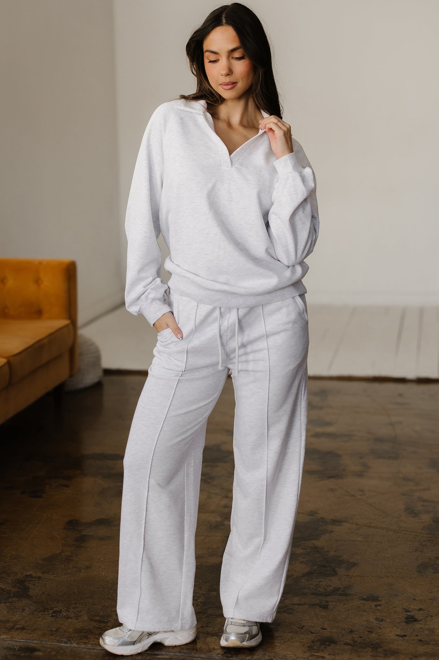 Dark Khaki Polo Collar V Neck Pullover and Drawstring Sweatpants Set