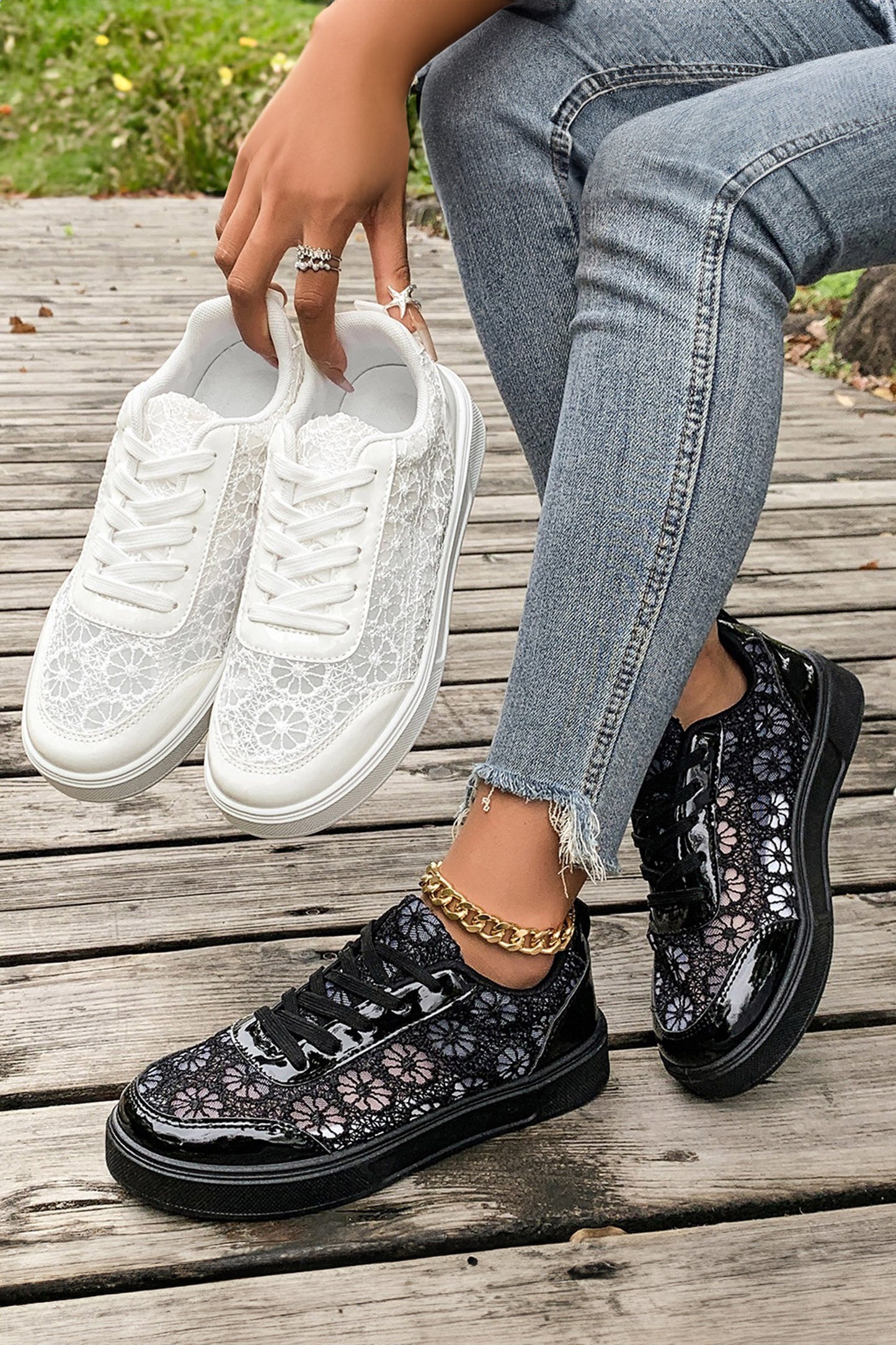 Color black Sheer Floral Lace Slip-On Casual Sneakers